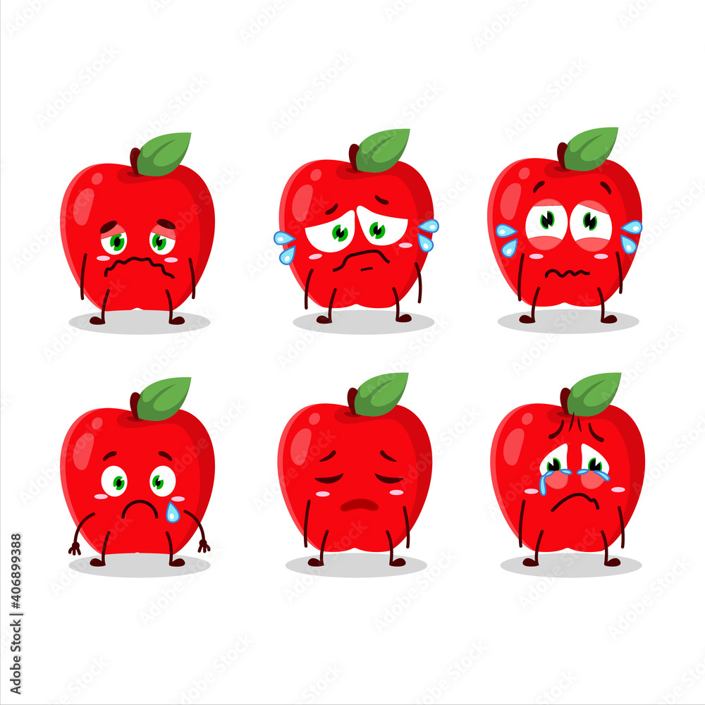 New red apple cartoon character with sad expression New red apple cartoon character with sad expression