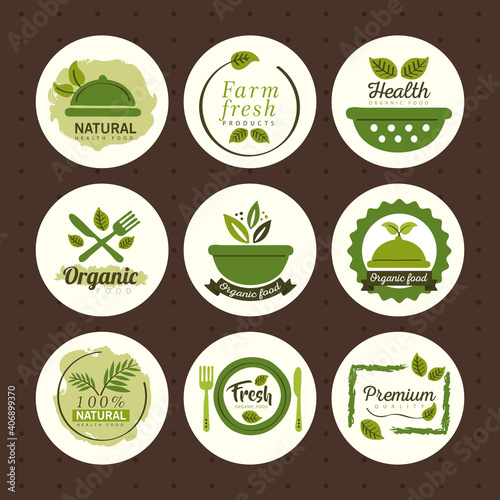 organic food, set labels and badges with decoration