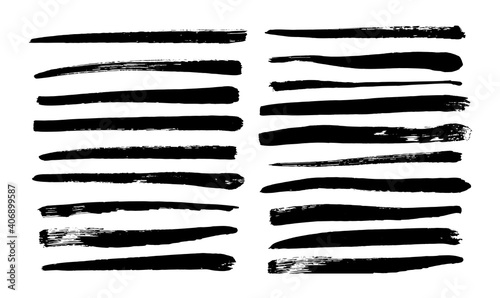 Collection of long black brush strokes drawn by hand. Vector illustration