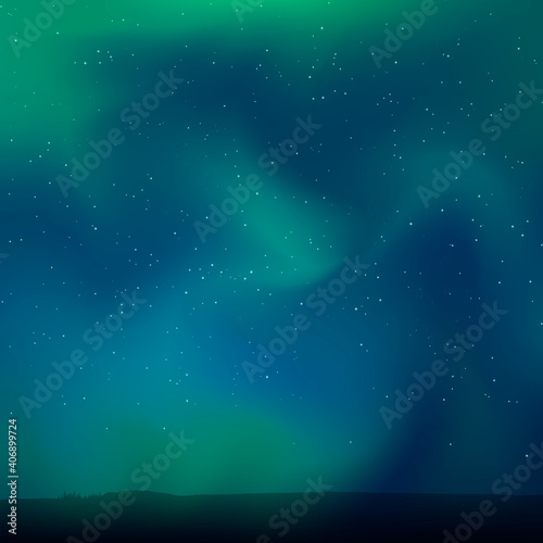 Northern Lights. Deep green-azure starry sky. Abstract vector background.