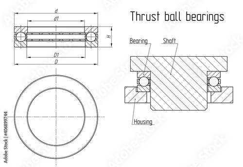 Thrust ball bearings. General drawing and assembly scheme. Vector technical sketch of mechanical engineering detail.