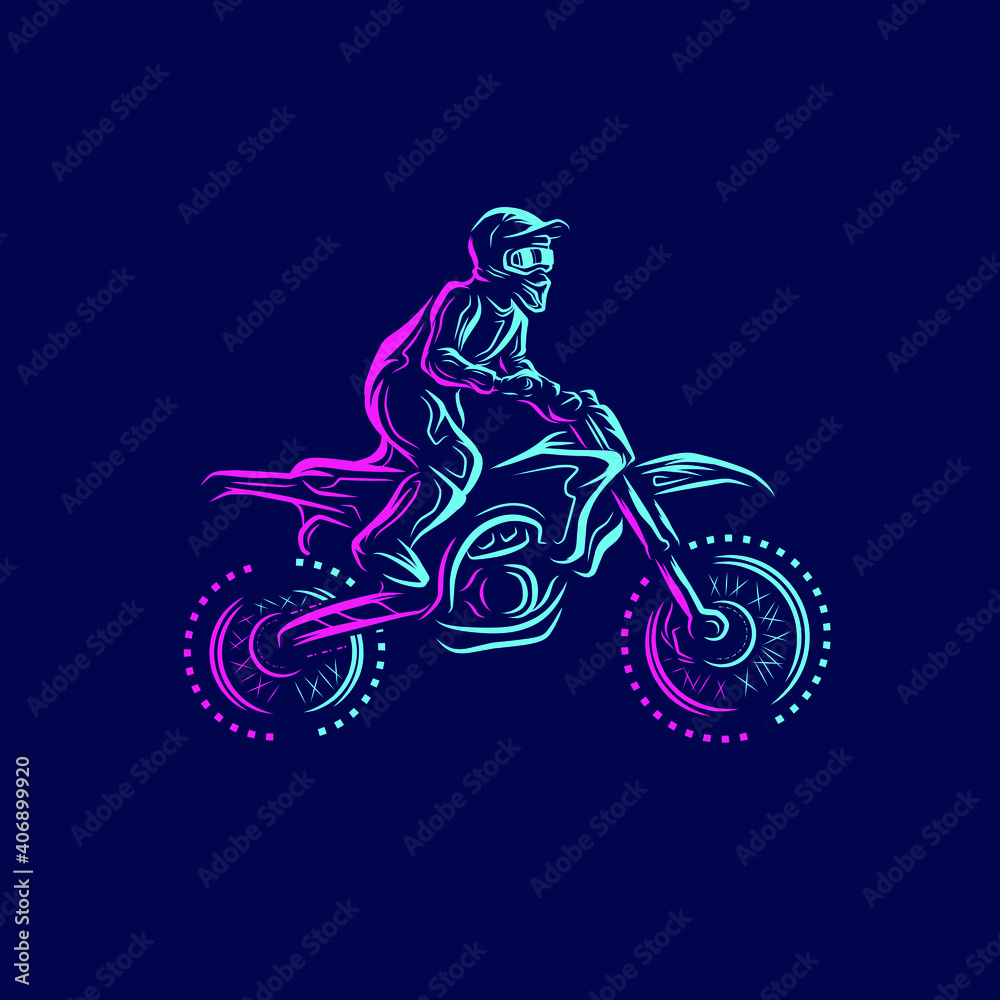 Motocross bike rider Line Pop Art logo. Colorful design with dark background. Abstract vector illustration. Graphic for t-shirt, poster, clothing, merch, apparel. Motocross bike rider Line Pop Art logo. Colorful design with dark background. Abstract vector illustration. Graphic for t-shirt, poster, clothing, merch, apparel.