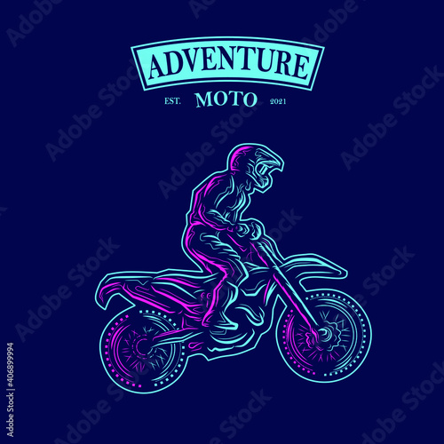 Motocross bike rider Line Pop Art logo. Colorful design with dark background. Abstract vector illustration. Graphic for t-shirt, poster, clothing, merch, apparel.