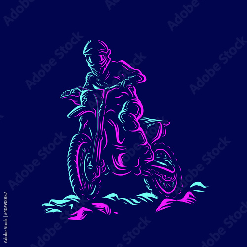Motocross bike rider Line Pop Art logo. Colorful design with dark background. Abstract vector illustration. Graphic for t-shirt, poster, clothing, merch, apparel.