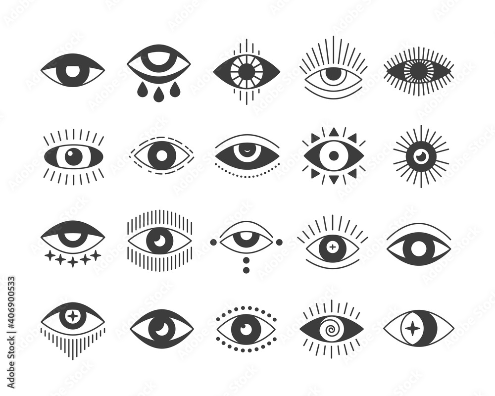 Black flat style icon set of evil seeing eye. Mystic esoteric signs Black flat style icon set of evil seeing eye. Mystic esoteric signs