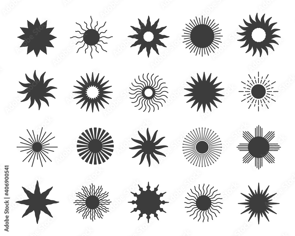 Obraz premium Black flat style icon set of sun. Mystic celestial signs 