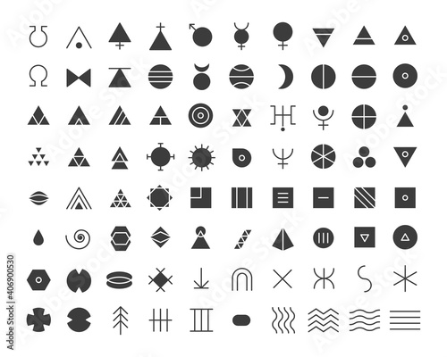Black flat style icon set of esoteric glyphs, pictograms and symbols. Mystic and alchemy signs 