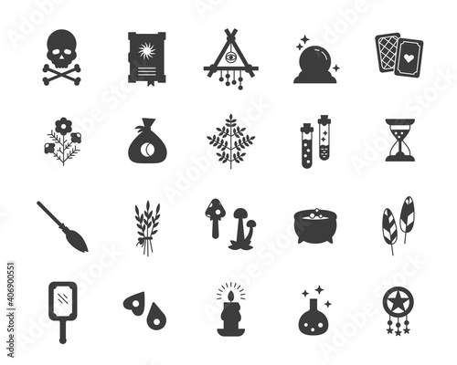 Witchcraft black flat style icon collection. Mystery and magic objects: tarot, magic ball, spell book, candle, hourglass, feathers, herbs, cauldron, flasks, mushrooms, broom, skull with bones, etc.