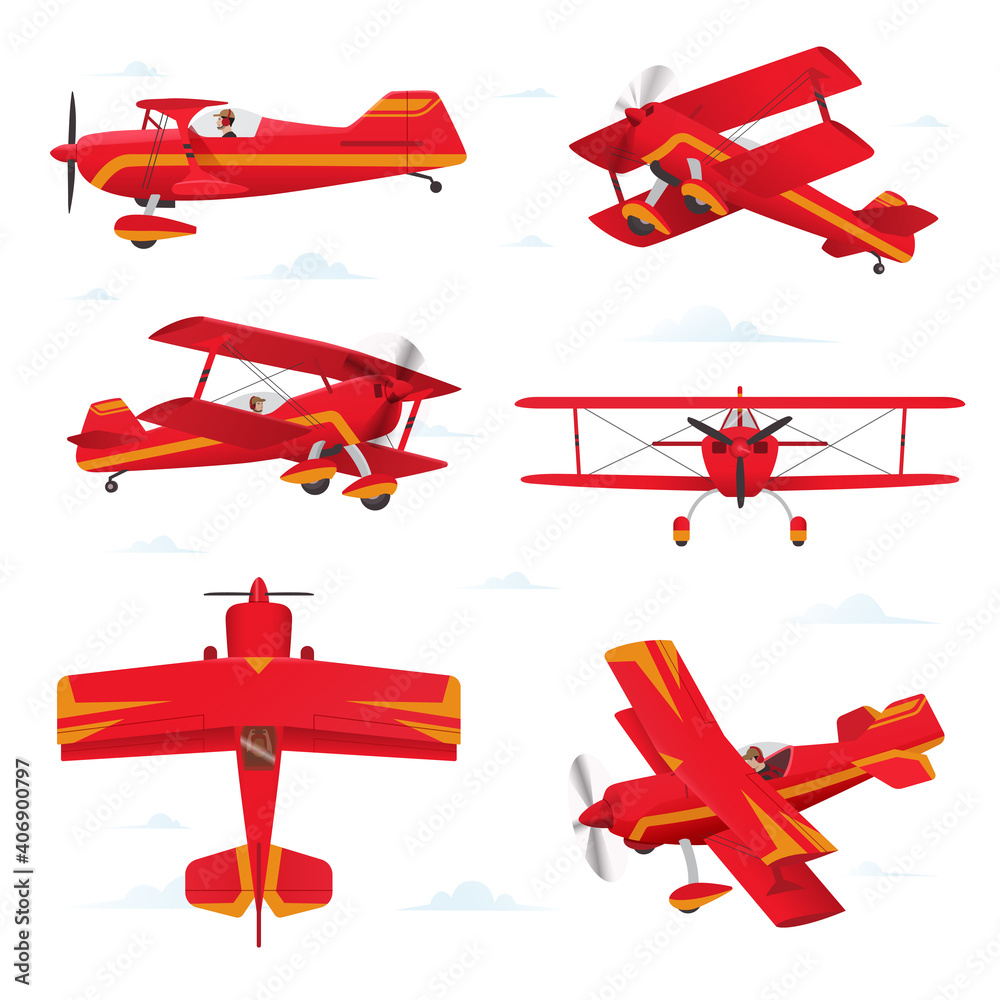 Aerobatic biplane aircraft in different views. Light aircraft illustration - obrazy, fototapety, plakaty 