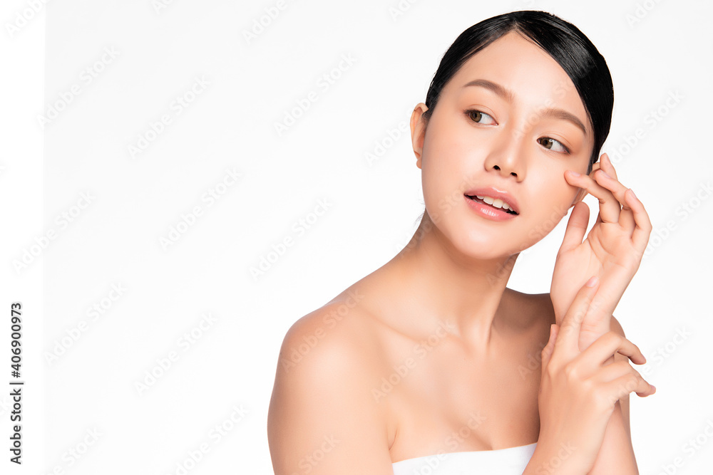 Beautiful young asian woman with clean fresh skin on white background, Face care, Facial treatment, Cosmetology, beauty and spa, Asian women portrait