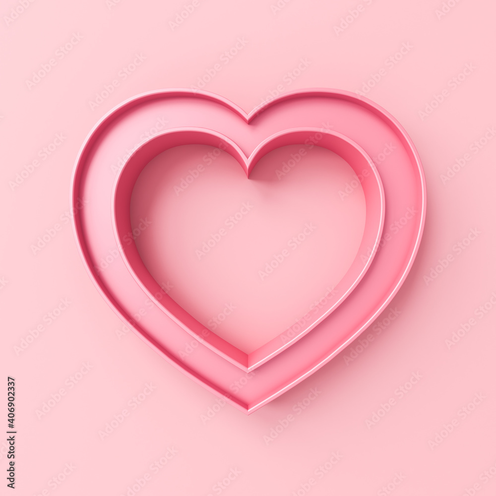 Blank pink love heart frame border isolated on pink pastel color wall background minimal conceptual 3D rendering