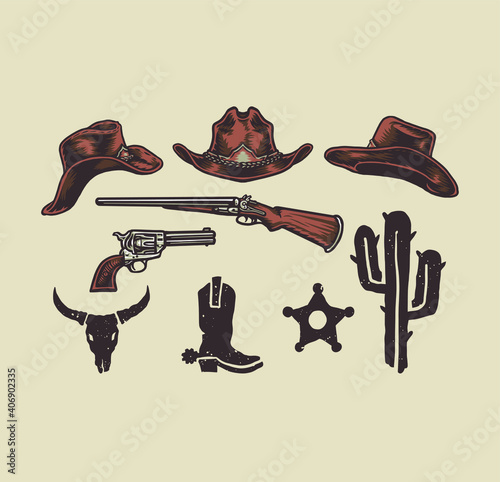 Wild west cowboy objects, hand drawn line style with digital color, vector illustration