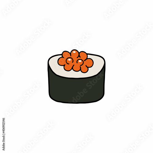 Sushi and rolls with red caviar. Traditional Japanese food. Vector illustration in doodle style.