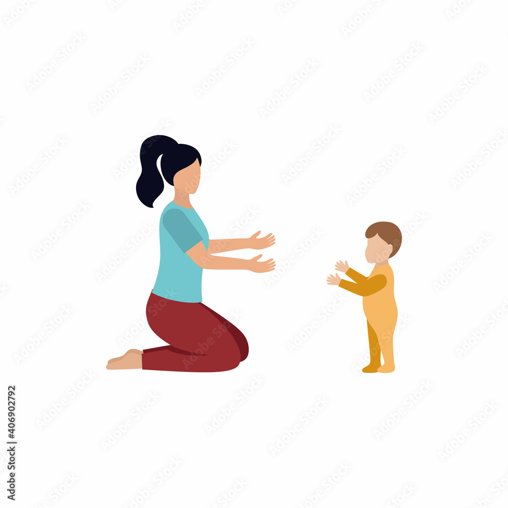 A little boy learns to walk. The mother teaches the child to walk and stretches out her hands to him. A woman is sitting on the floor. Vector character in flat style.