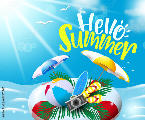 Summer vector background design. Hello summer text with floating floater in sea water background with beach ball, umbrella and flip flop beach element for holiday vacation. Vector illustration  
