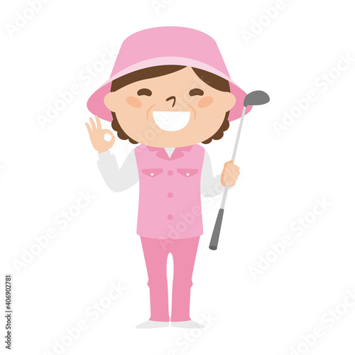 ゴルフ場で働く女性キャディのイラスト。手でオッケーサインを出してる女性。