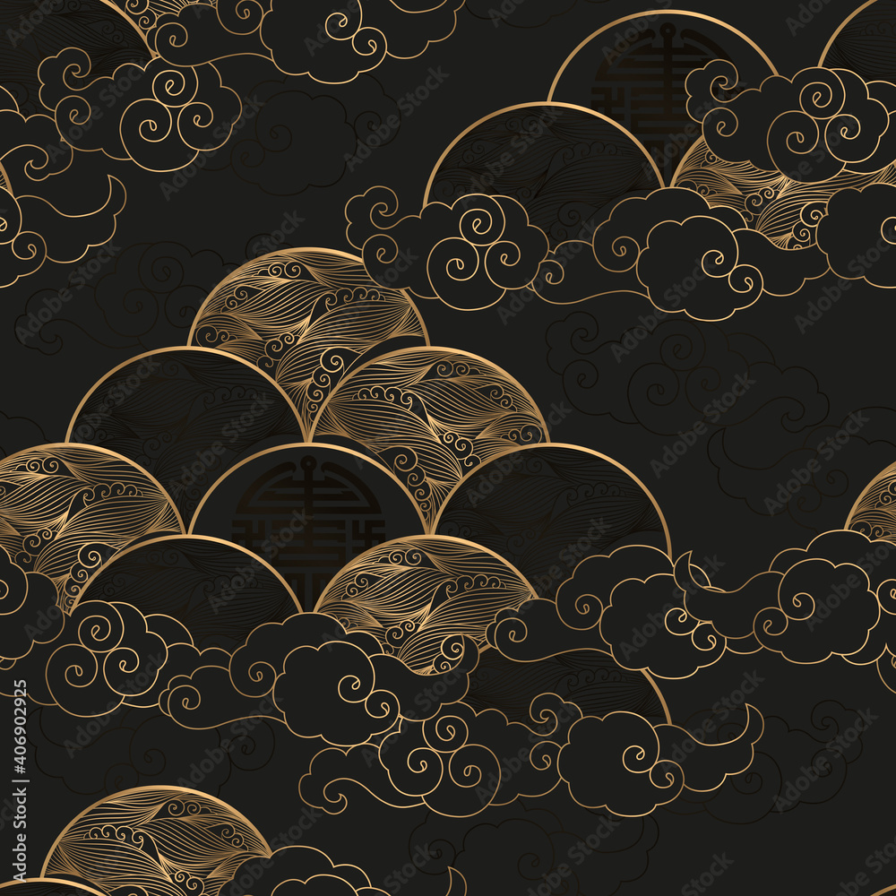 Seamless vector pattern with gold waves and clouds isolated on black