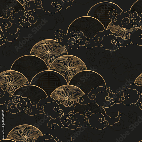 Seamless vector pattern with gold waves and clouds isolated on black background. Japanese traditional motifs illustration template for print, fabric, card, wallpaper