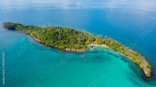 Aerial view serenity exotic sea shore white sand beach green plam tree Koh Raet Thailand..