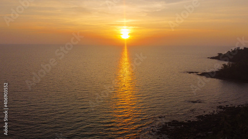 Beautiful sunset above the sea in Thailand. photo of drone. © Chalearmrat