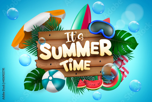 Summer time vector concept design. It's summer time text with colorful beach elements like goggles, beach ball, surfboard and floater for vacation season. Vector illustration 
