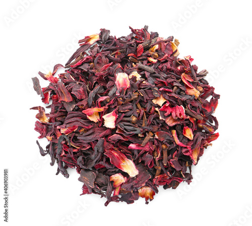 Dry hibiscus tea on white background