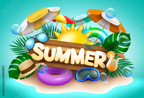 Summer vector banner design. Summer text in island with colorful beach element like sun, umbrella, floater and goggles in green sea background. Vector illustration 
