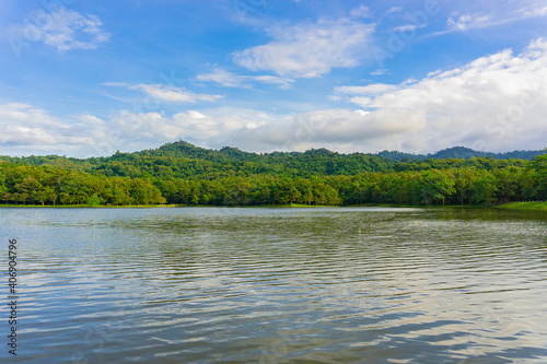 Beautiful natural scenery of river in Khao Yai tropical green forest.