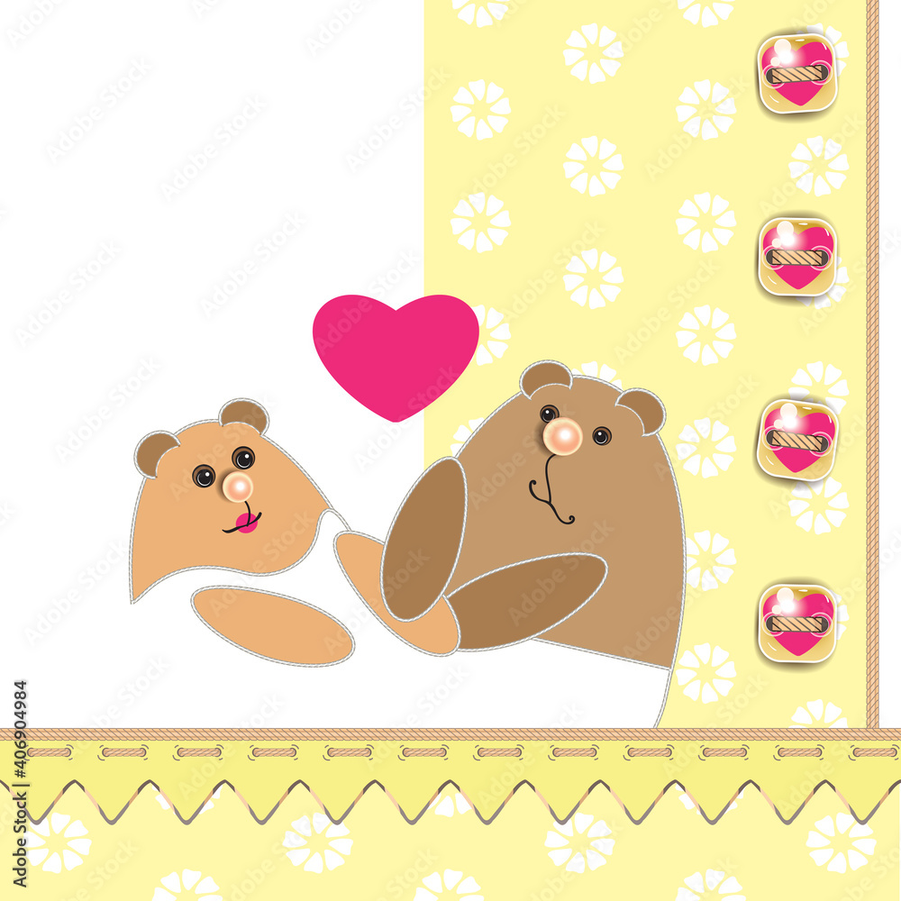 Love couple bears. A postcard with a place to write. Family, lovers, father and mother, husband and wife, spouses. Happiness in your pocket. Valentine's Day.Cute animals.The hearts in the front. Love couple bears. A postcard with a place to write. Family, lovers, father and mother, husband and wife, spouses. Happiness in your pocket. Valentine's Day.Cute animals.The hearts in the front.