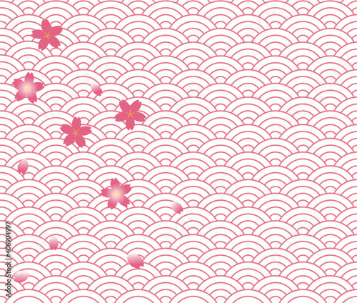 ピンク色の桜の花と青海波模様の和柄背景のベクター素材