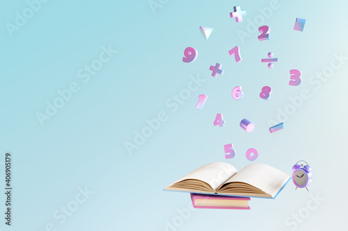 Gradient color number and basic math operation symbols  floating out from open books on blue background. 3d render illustration. Back to school and Mathematic education concept.