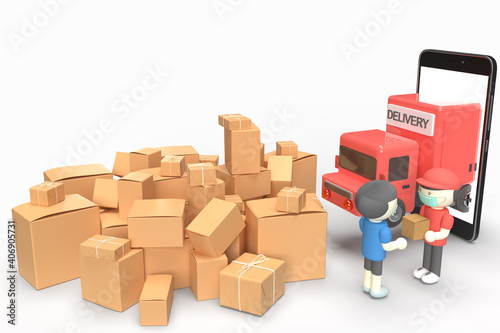 Many waste delivery paper box from unnecessarily online shopping during quarantine coronavirus. Red truck and transport worker on face mask from smartphone. 3D illustration on isolate white background photo