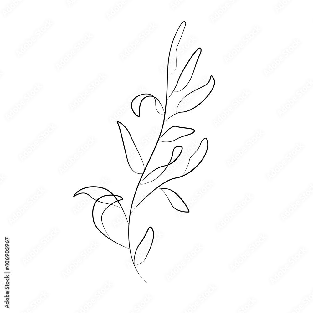 Leaves Branch Continuous One Line Drawing. Black Line Floral Sketch on White Background. Simple Leaves Modern Minimalist Illustration. Vector EPS 10.
