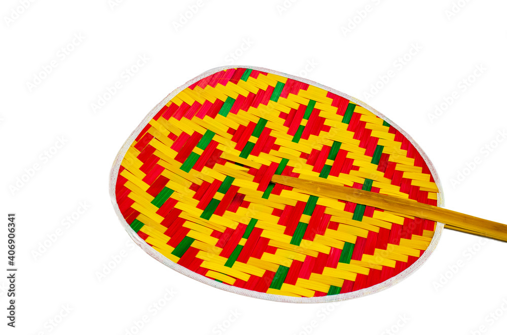thai traditional weave fan made from bamboo with geometric pattern on white background,handmade fan,