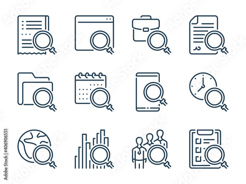 Search and research related vector line icons. Review and magnifying glass outline icon set.