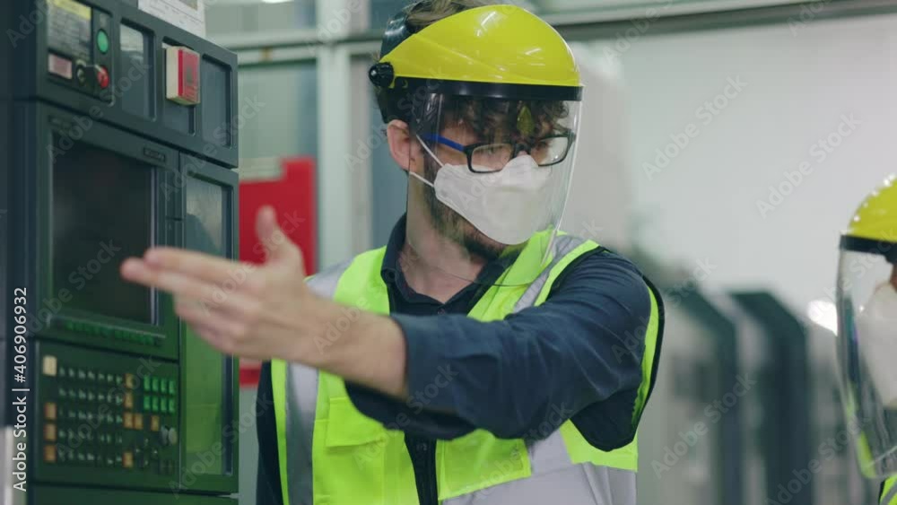 Group Machine engineer wear mask and face shield while working in  industrial plant. Safety in work to prevent COVID-19 and Dust PM2.5. Inspection service with modern technology With professional team