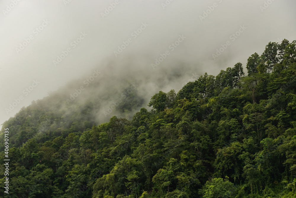 Beautiful landscape in the mountains at sunset. View of foggy hills covered by forest in North Thailand.