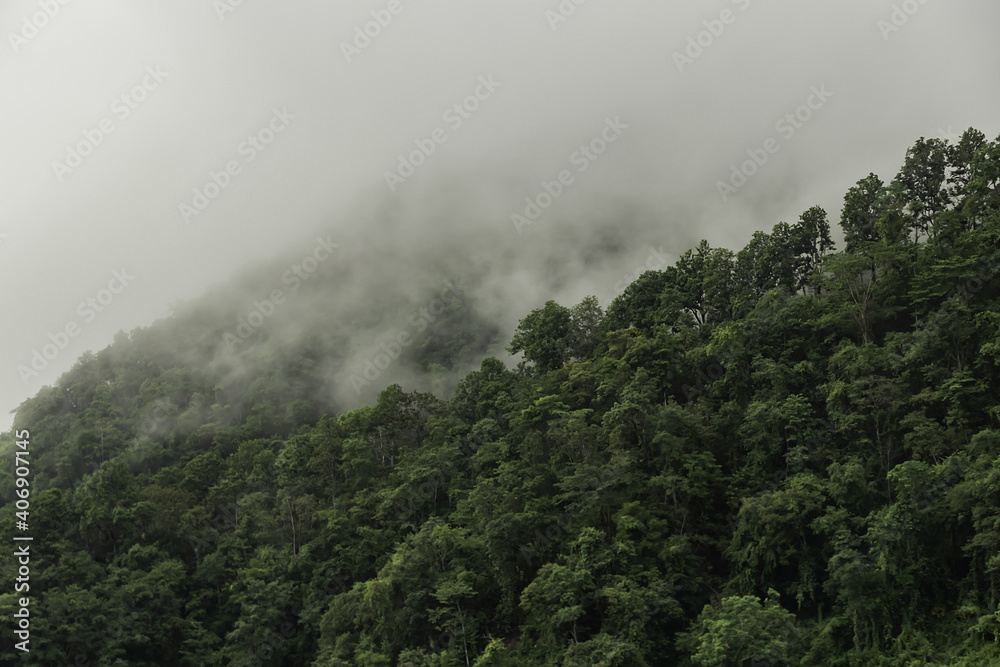 Beautiful landscape in the mountains at sunset. View of foggy hills covered by forest in North Thailand.