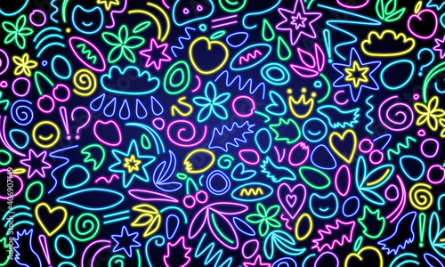 Neon glowing figures on a dark background. Spirals, fruits, zigzags, stars, flowers and other small elements collected in a bright pattern