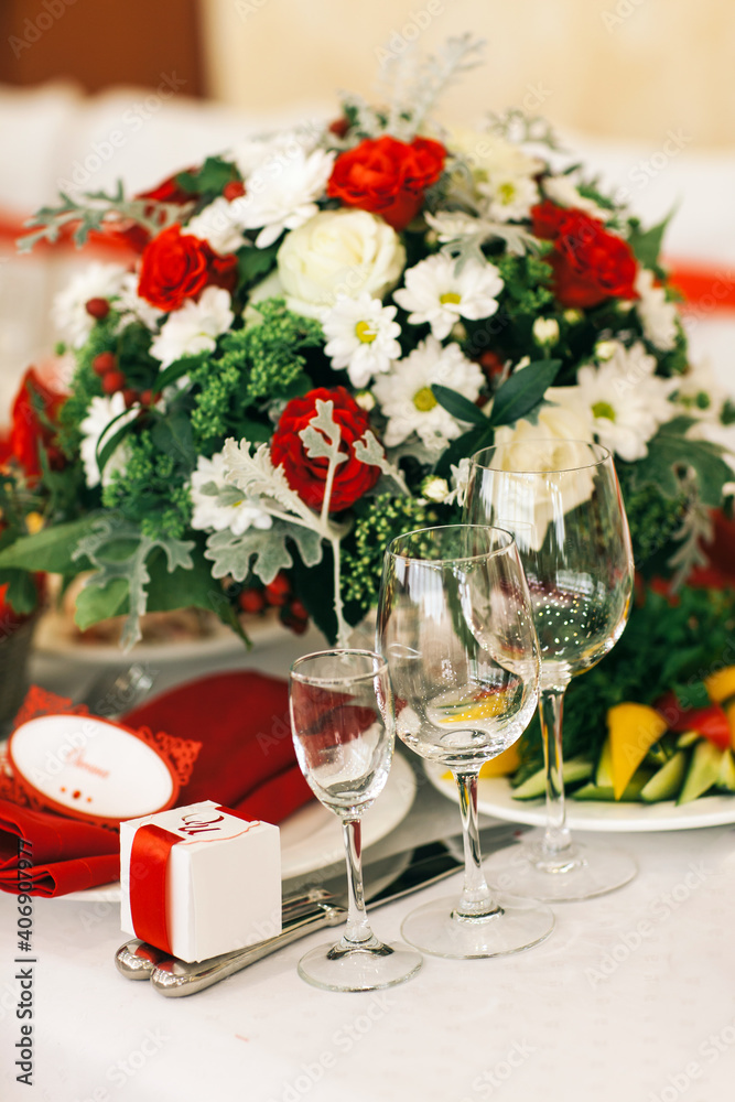Fototapeta premium Table set for wedding or another catered event dinner.