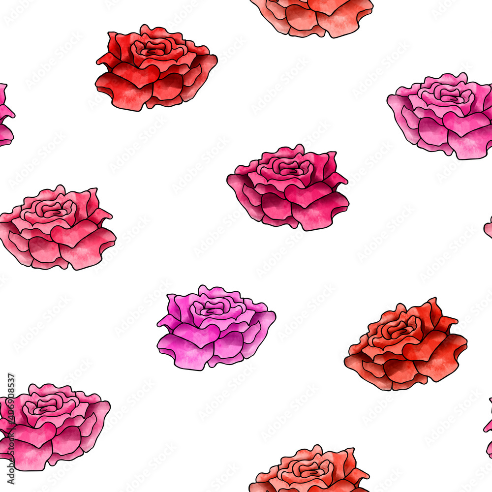 Red and pink roses seamless pattern. For decoration of gift wrapping, design works, postcards, design of fabrics and textiles, souvenirs, packaging design, invitation. Red and pink roses seamless pattern. For decoration of gift wrapping, design works, postcards, design of fabrics and textiles, souvenirs, packaging design, invitation.