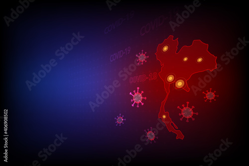 Red Thailand map location coronavirus (covid-19) pandemic with copy space on dark background. Digital vector illustration. 