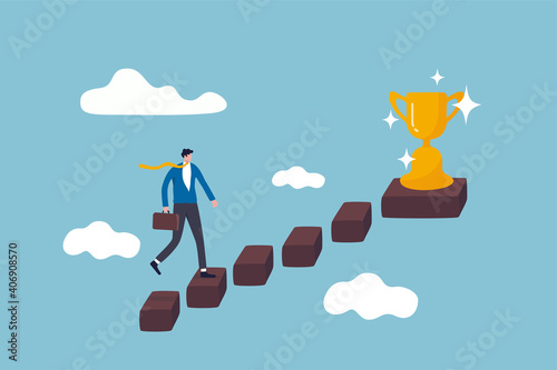 Success in business, career opportunity or business growth to reach target concept, smart successful businessman step up on wooden stairs to reach winner achievement trophy on top of the stair case.