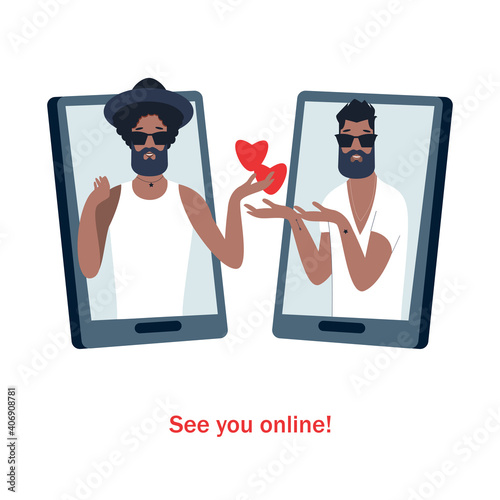 Valentine's Day. Homosexual couple and pink hearts. Two gay guys are kissing. The concept of free love, relationships, love and romance. Vector illustration.