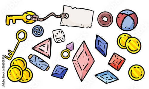 Set of cute cartoon rpg treasure game assets. Comic style board game symbols. Table top game elements. Key, golden coins, crystals.