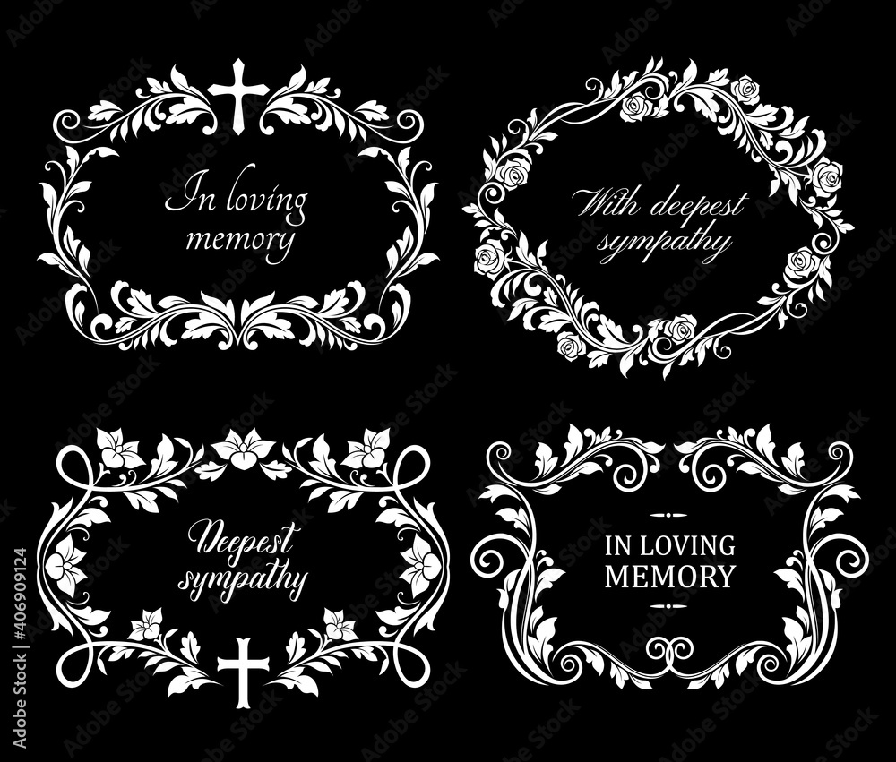 Funeral obituary card with frame for condolences, flower wreath, vector  border template. RIP funeral floral black circle with grief message of  deepest sympathy, memory ribbon and mourning memorial #2848537