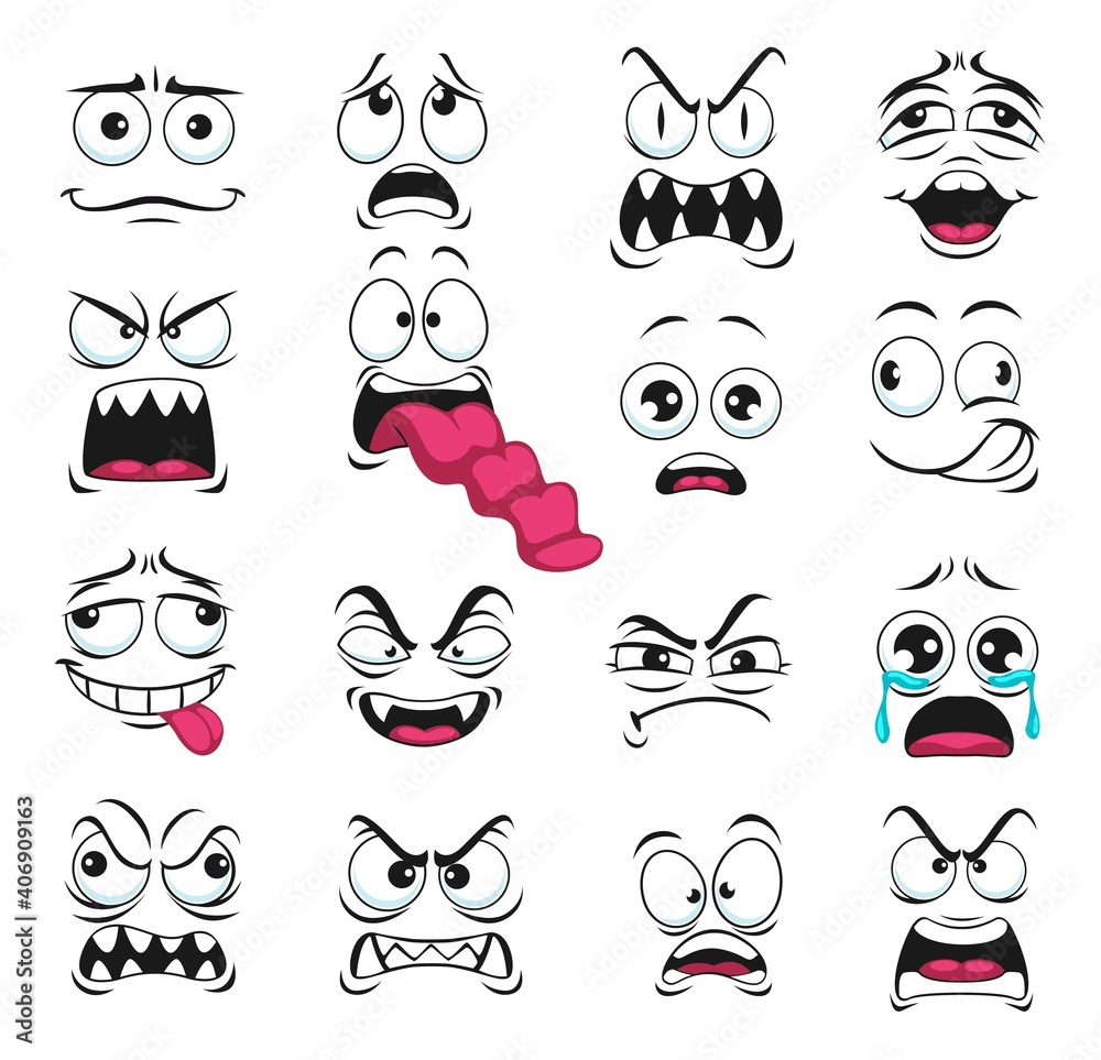 Image Details INH_18984_61368 - Cartoon face vector scared or upset emoji  with open toothy mouth and eyes looking up. Funny facial expression,  negative shocked feelings, character frightened emotion isolated on white  background.