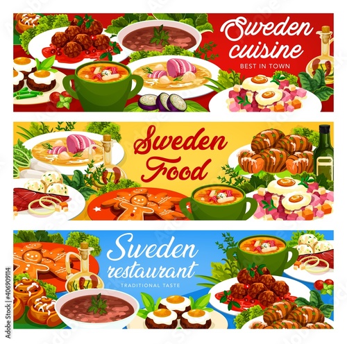 Sweden food vector beef soup elebsad, gravlax and ginger cookie with cinnamon buns. Salmon and pea soup, pittipanka and meatballs, kottbulars, potato hassel and beefsteak Swedish cuisine banners set