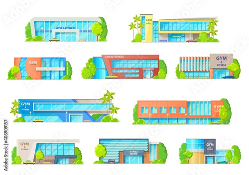 Gym or fitness center buildings, vector facades of modern design. Contemporary city architecture constructions for sports activity, recreation. Workout exercising sport club isolated cartoon icons set
