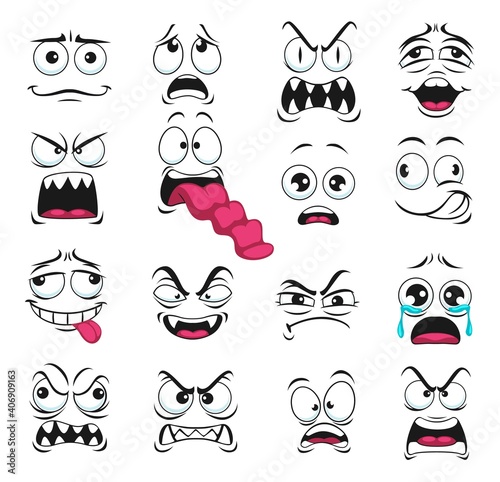 Cartoon face expression isolated vector icons, negative emoji vampire with sharp fangs, evil, scared and shocked, gloat, grin, smirk. Facial feelings yelling, show tongue, crying, upset emoticons set